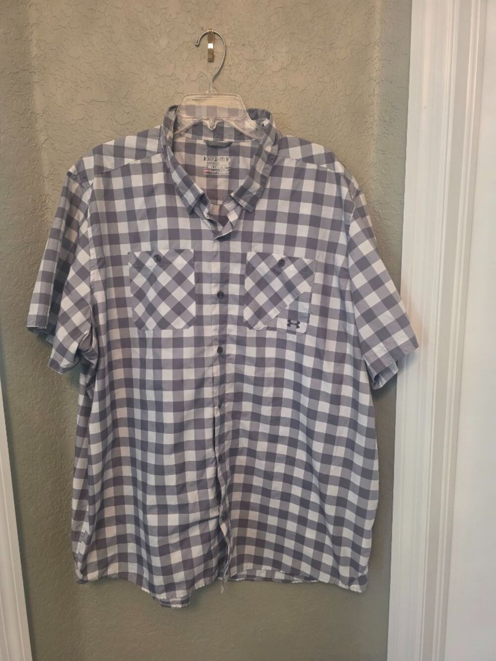 Under Armour Gray White Checkered Loose Fit Button Down Performance Shirt 3XL